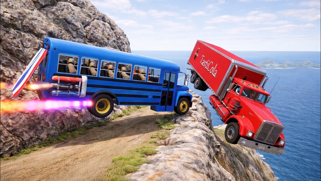 School Bus vs Tasty Cola Drink Truck 😱 | Dangerous Cliff Crash Test | BeamNG.drive  #117