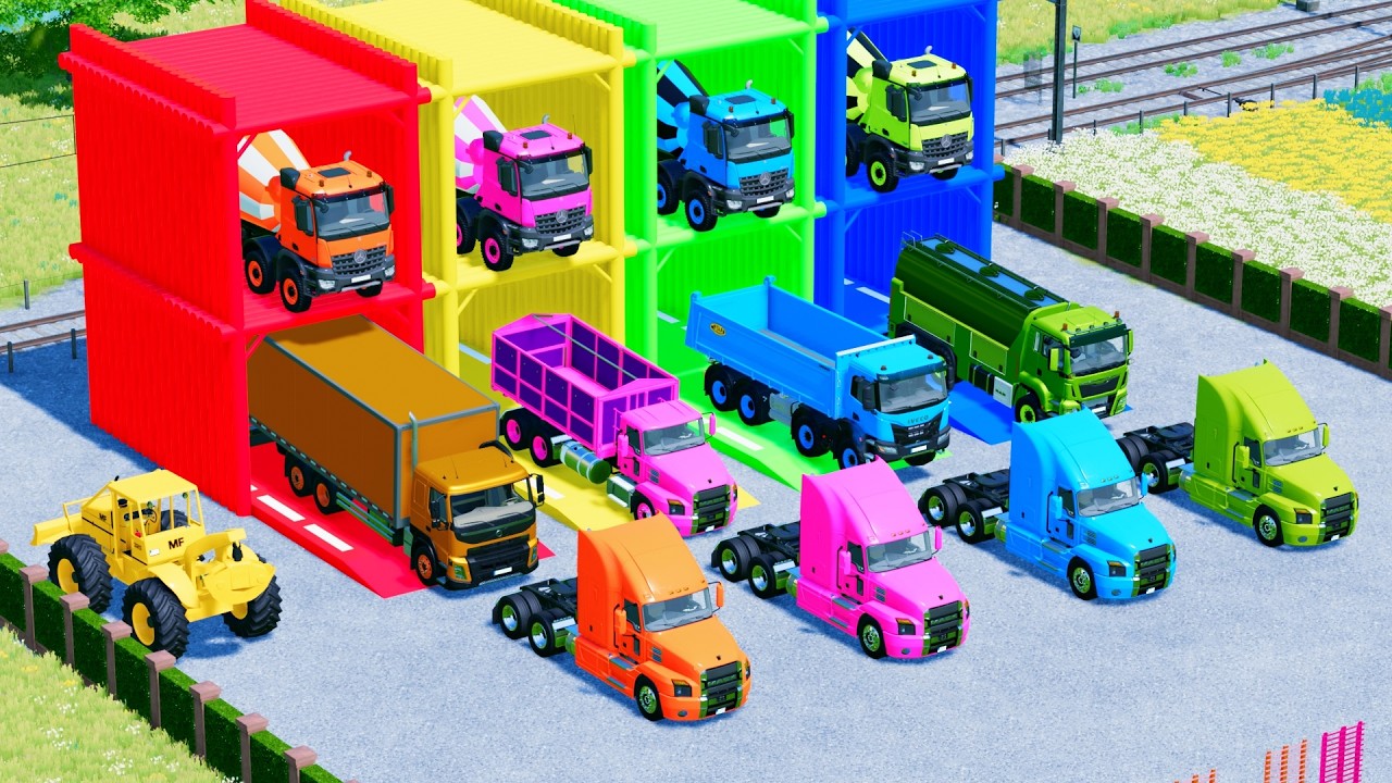 RAINBOW DOUBLE FLATBED & MIXER TRUCK In Action | FS22 MACK SCANIA MAN MERCEDEZ KARZ MAN