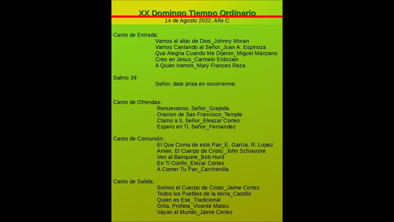 Sugerencias de Cantos 14 de Agosto 2022 XX Domingo del Tiempo Ordinario