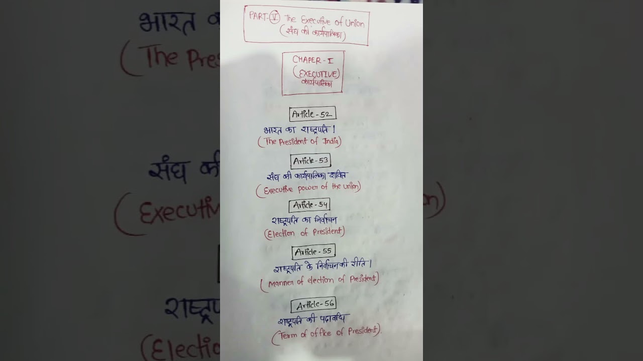 Part- V (The Executive of Union)(Chapter -1) Executive..(Article 52-56) Constitution🫀👮🏻📝 