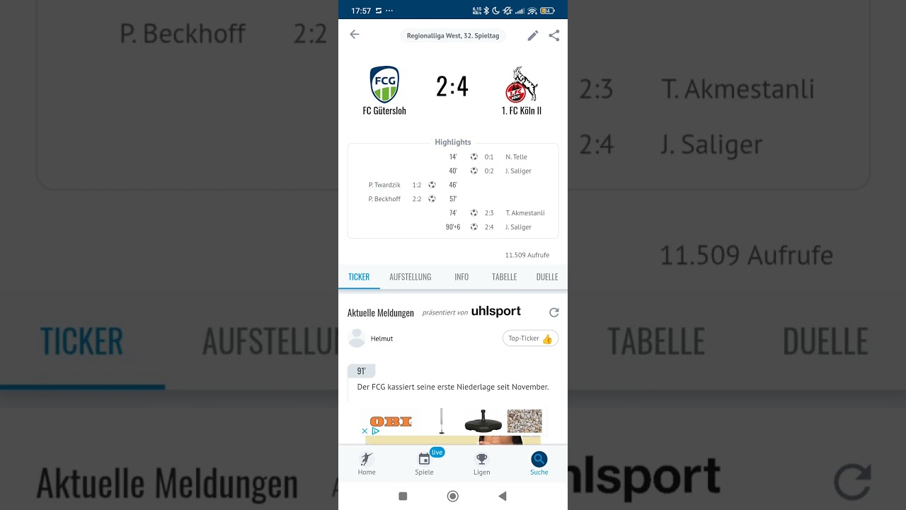 Regionalliga West Gütersloh gegen Köln ll 2:4