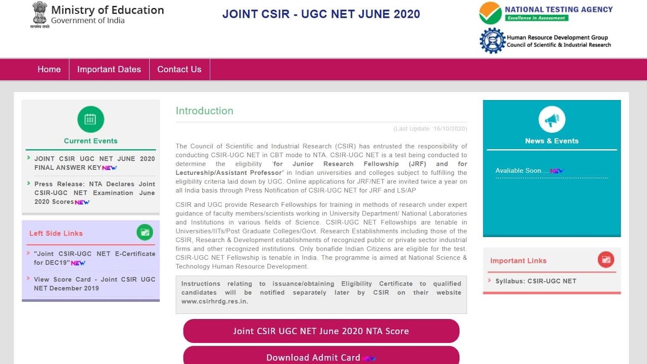 NTA Declares Joint CSIR-UGC NET Examination June 2020 Scores