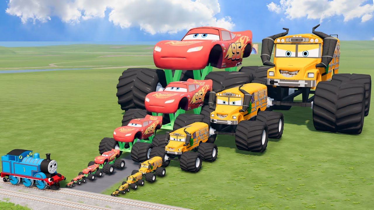 Big & Small Monster Truck Miss Fritter vs Mcqueen vs Thomas the Tank Engine Train | BeamNG.Drive