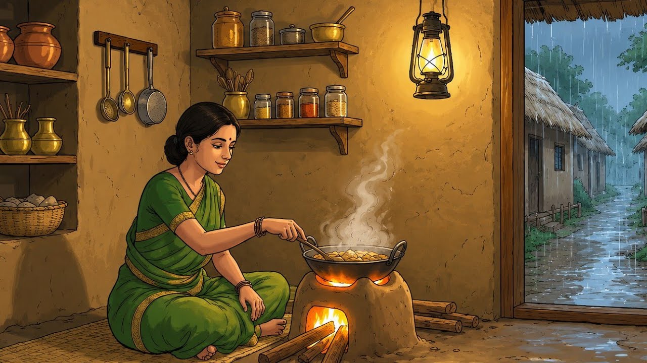 Cozy Monsoon Family Dinner 🕯️1990s Indian Village Life | Ghibli Style ASMR 