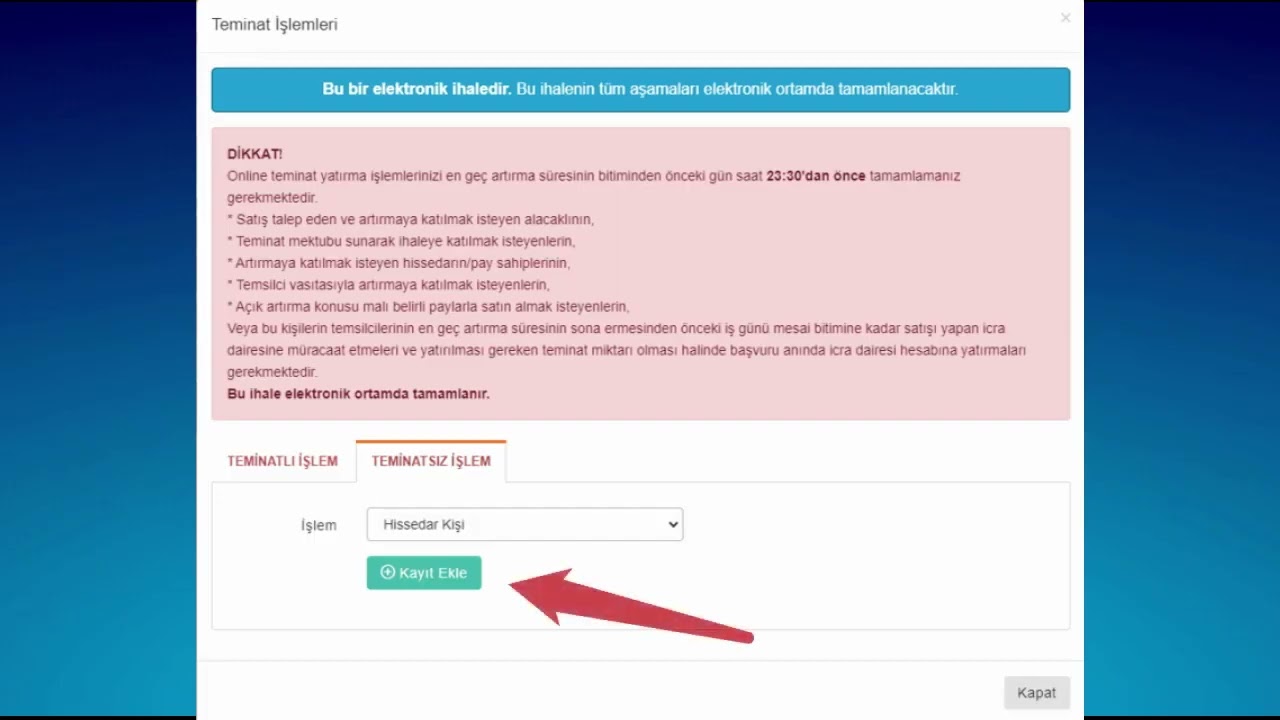 Uyap E-Satış İhaleler de Teminat yatırma işlemleri