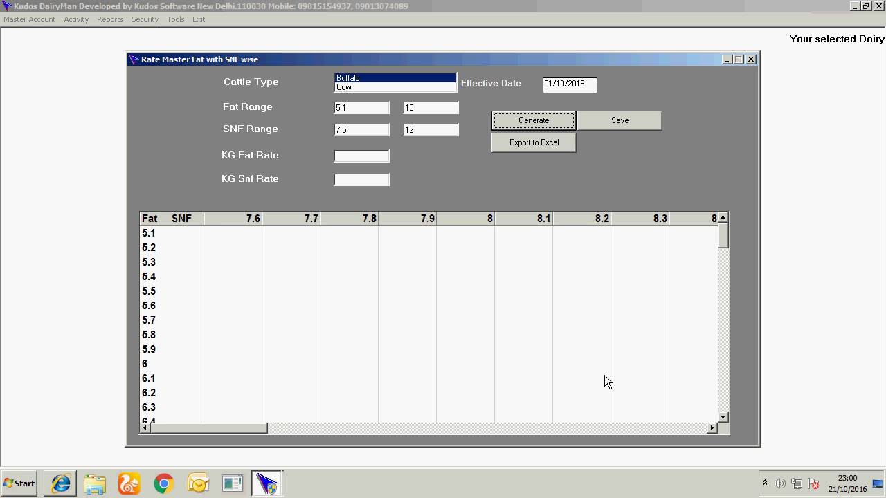 Fat SNF Rate - Software for Dairy , Milk Collection