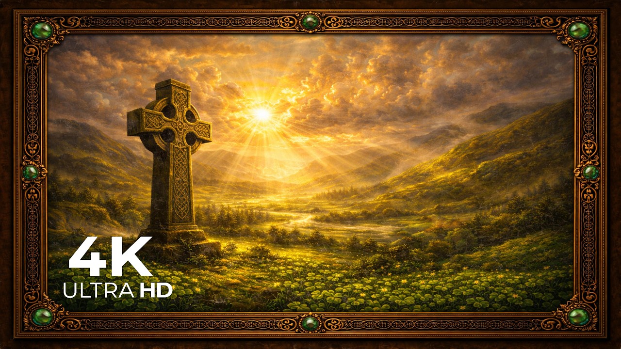St. Patrick’s Day Special: Celtic Cross at Golden Sunrise Landscape🍀| 4K Luxury TV Background