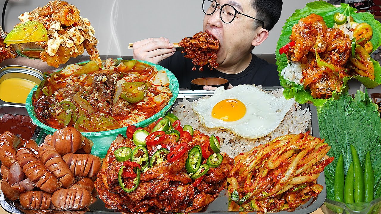 ASMR MUKBANGㅣStir-fried Pork & Sausage & cucumber kimchi & soft tofu stewㅣEATING SHOW