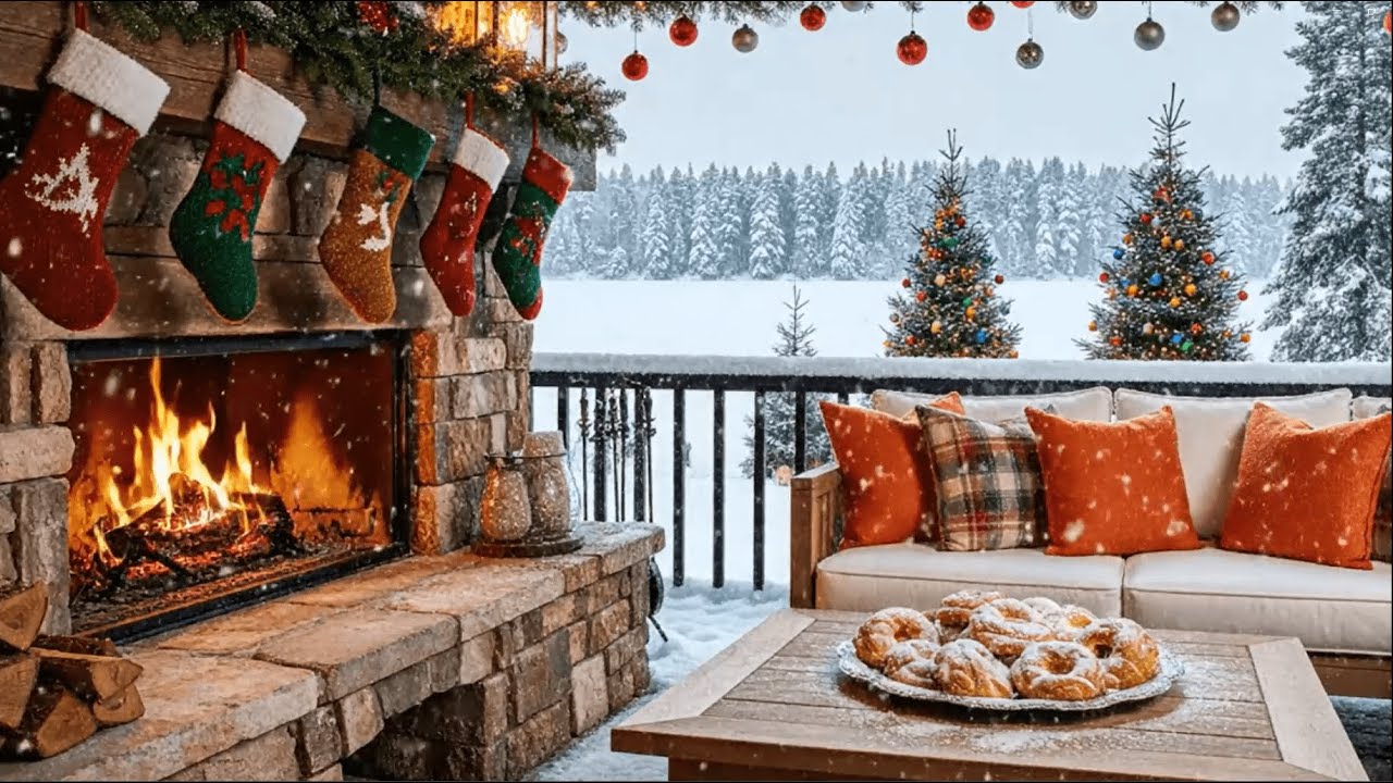 Christmas Jazz in a Warm Cabin 🎅 Snowfall, Fireplace Glow & Cozy Holiday Ambience for Deep Sleep