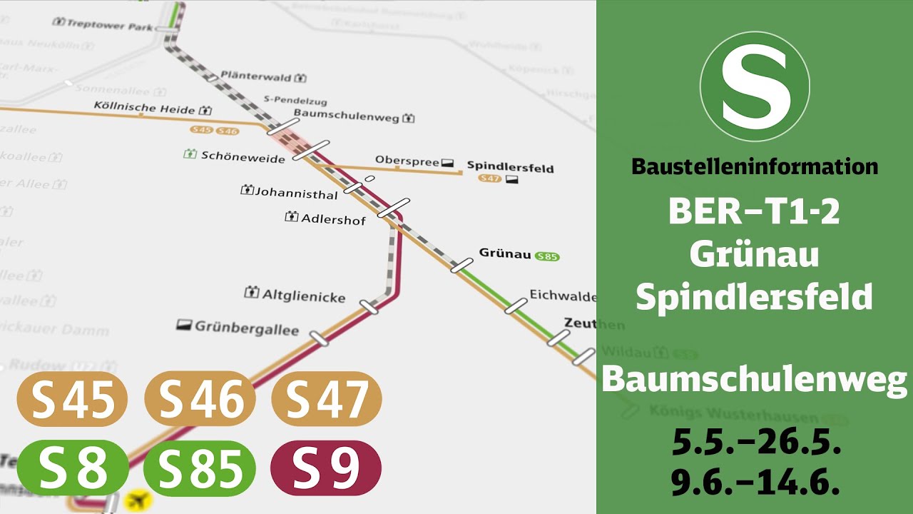S-Bahn Berlin Baustelleninfo | BER-T1-2/Gr&uuml;nau/Spindlersfeld&ndash;Baumschulenweg (S45/S46/S47/S8/S85/S9)