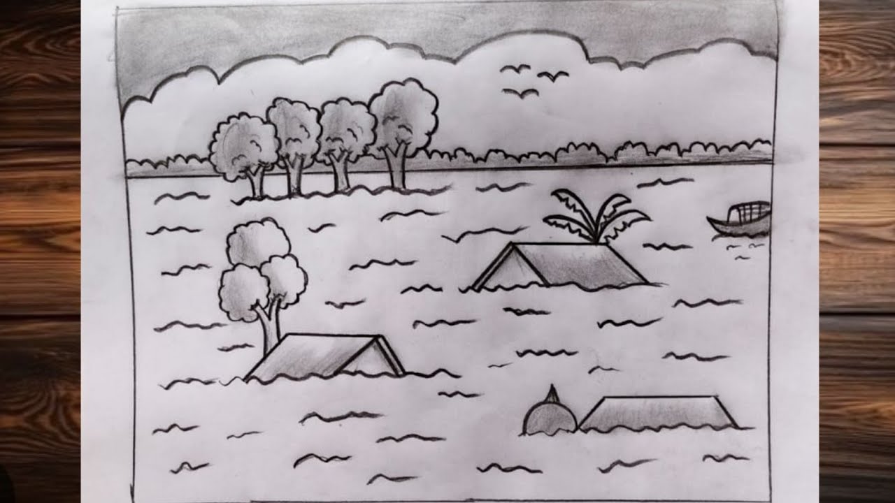 How to draw scenery of flood step by step #draw #art 