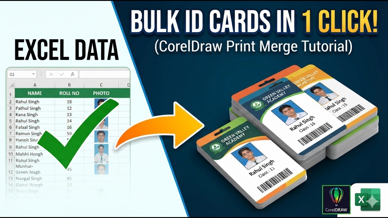 Как создать множество ID-карт в CorelDraw с помощью MS Excel (на языке хинди)