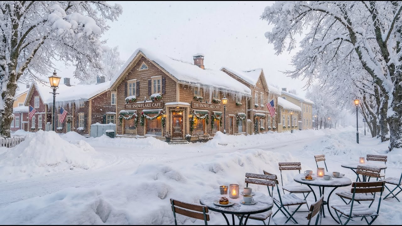 Snowy Bakery Street Jazz ❄️ Warm Window Lights & Cozy Morning Ambience | Soft Piano Trio ☕