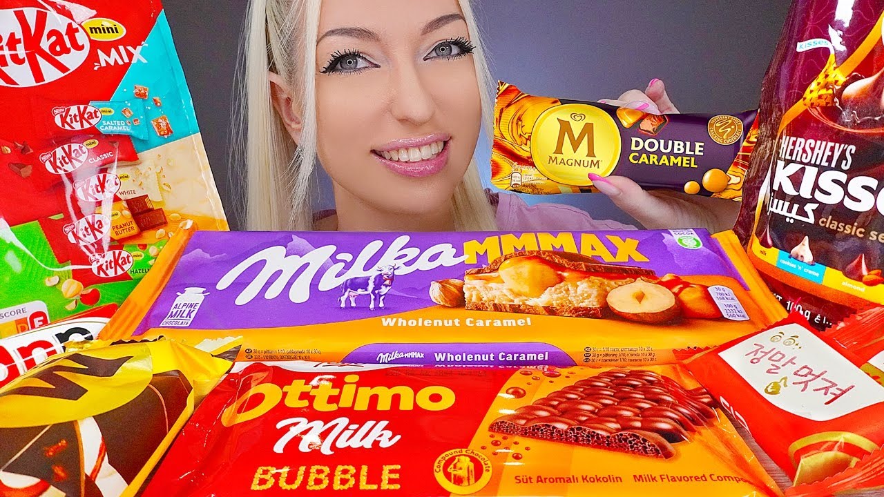 ASMR EATING CHOCOLATE, ICE CREAM, CANDY BARS, MILKA, KITKAT, MAGNUM (DESSERT) MUKBANG, 밀카 초콜릿 먹방