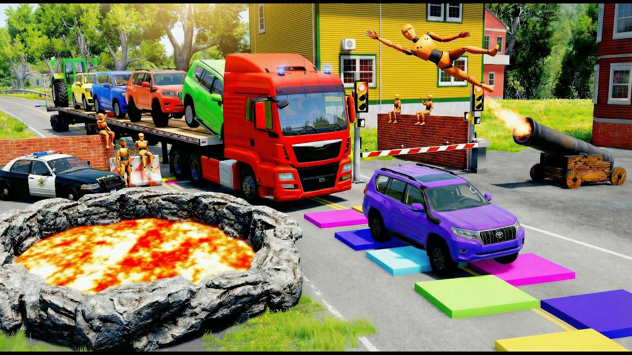 TRANSPORTING PIXAR CARS & FRUITS WITH COLORED & JOHN DEERE vs CLAAS vs TRACTORS - BeamNG.drive#174