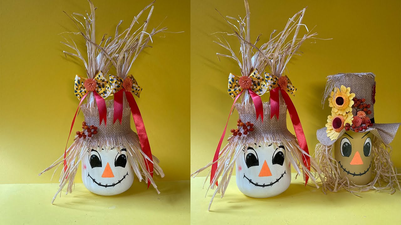 Diy Scarecrow Mason Jar/ Halloween craft/ Autumn decor/ Recycling