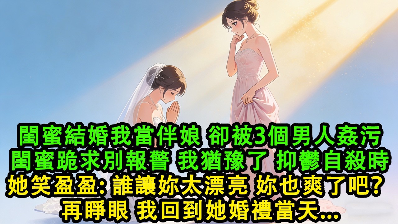 【元宵節快樂】閨蜜結婚,我去當伴娘.當晚我卻被3個男人姦污,閨蜜跪求別報警, 我猶豫了.抑鬱自殺時,她笑盈盈：誰讓妳太漂亮 妳也爽了吧？再睜眼，我回到她婚禮當天#故事 #重生 #爽文 #小說 #完結