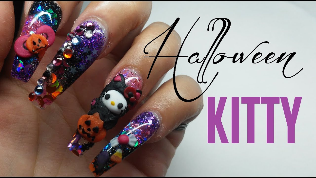 Diseño de uñas acrilicas (((HALLOWEEN))) KITTY