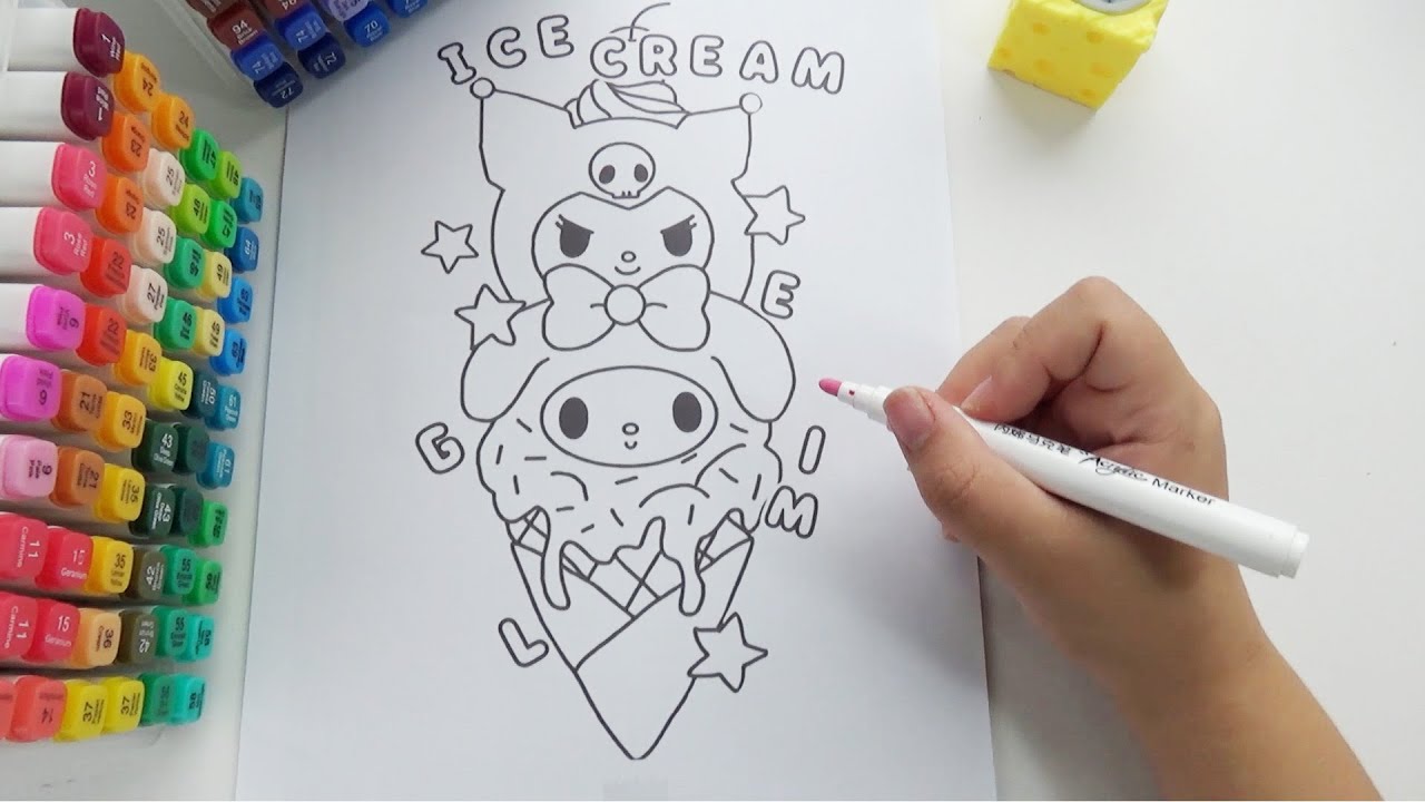 Kawaii Ice Cream Coloring Page: Kuromi & My Melody
