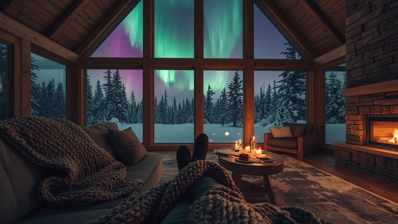 Northern Lights & Cozy Fireplace 🔥✨ Scandinavian Cabin | 2 Hours Deep Sleep