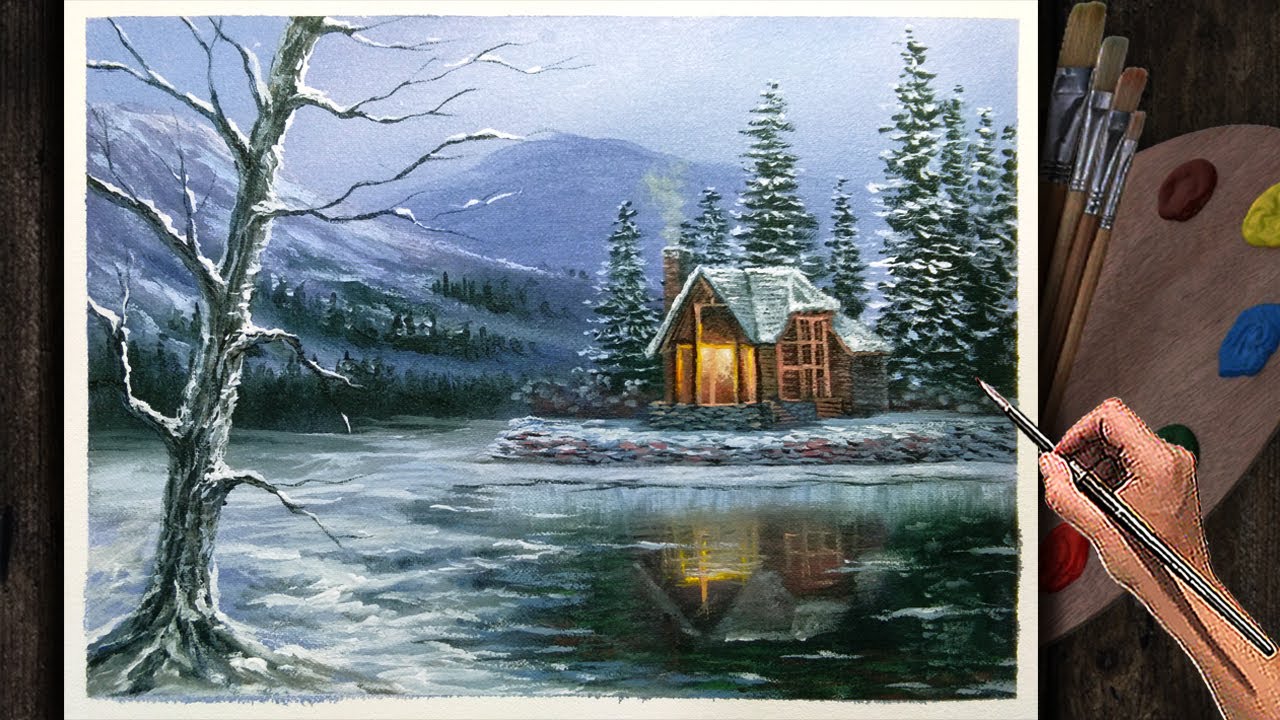 Acrylic Landscape Painting Lesson Time-lapse / Winter Night House and Lake / Fine Arts