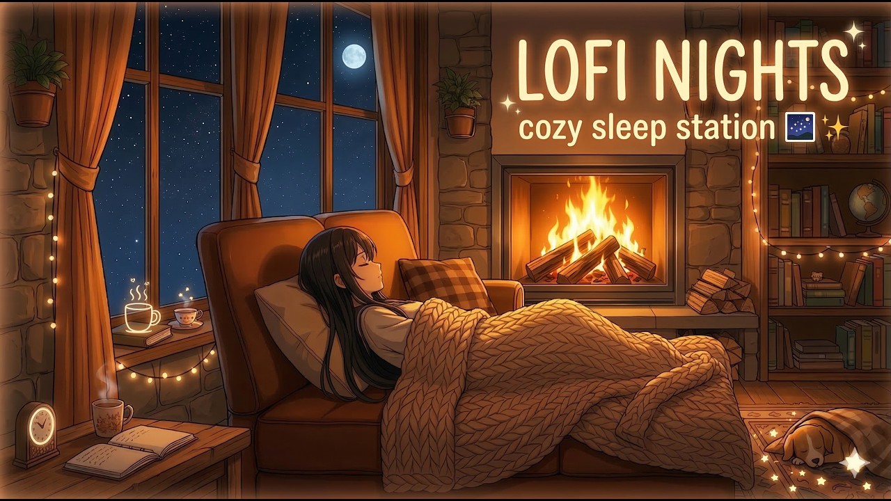 Cozy Jazz Lofi & Crackling Fireplace 🌙 Restful Sleep Station