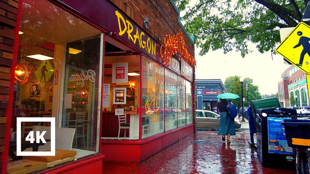 4K Walking in Rain - Boston - Davis Square Somerville - Dragon Pizza Barstool Sports Heavy Rainstorm
