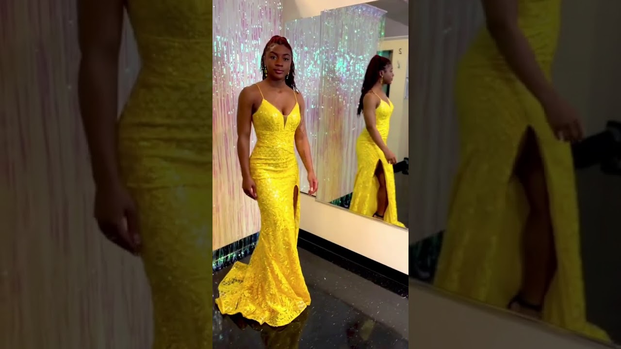 Yellow Sequin Fit and Flare Prom Dress with V-Neckline, High Slit and Lace Up Back