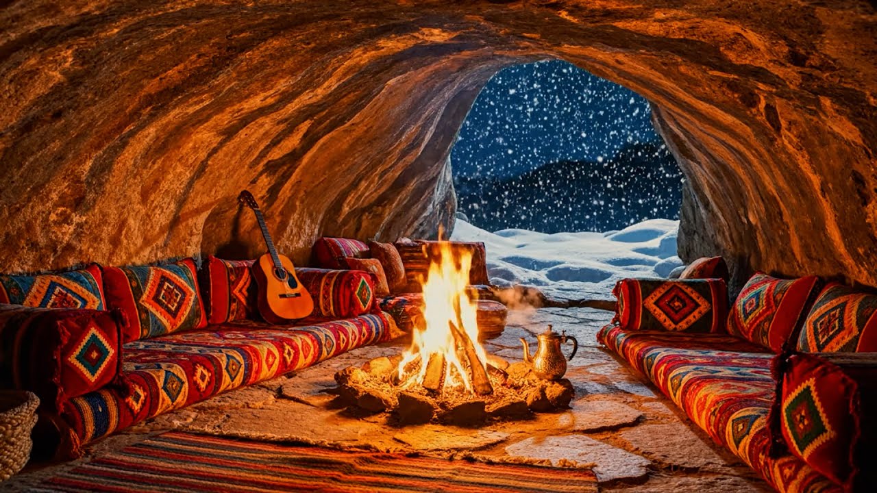 Descriptive Sleep in a Warm Cave | Blizzard & Fire Sounds ASMR | Cozy Winter Storm White Noise