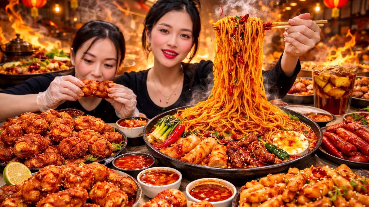 Ultimate Spicy Noodles & Crispy Chicken Feast 🔥 Giant Mukbang ASMR Eating Show