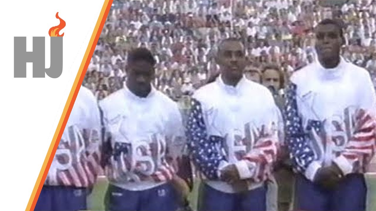 1992 Barcelone - Le podium de Carl Lewis avec le relais 4x100m