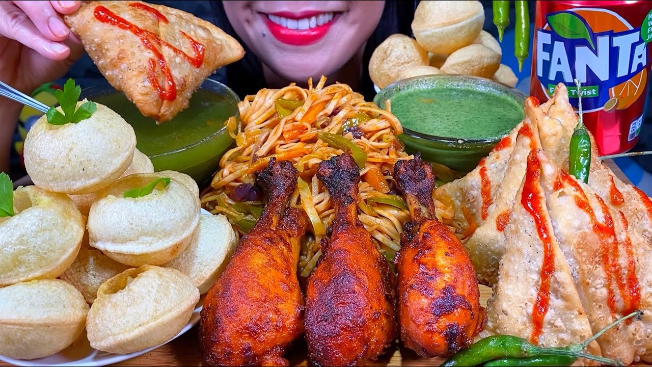 ASMR CHICKEN TIKKA, PANI PURI, SPICY SAMOSA, CHOWMEIN NOODLES MUKBANG MASSIVE Eating Sounds