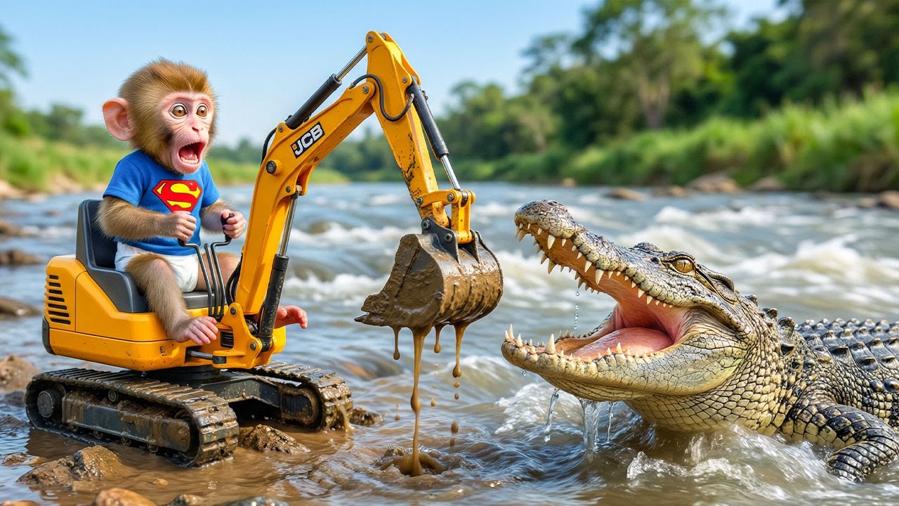 🚜🐊 iZi monkey drives a JCB excavator – A terrifying confrontation with a crocodile on the river