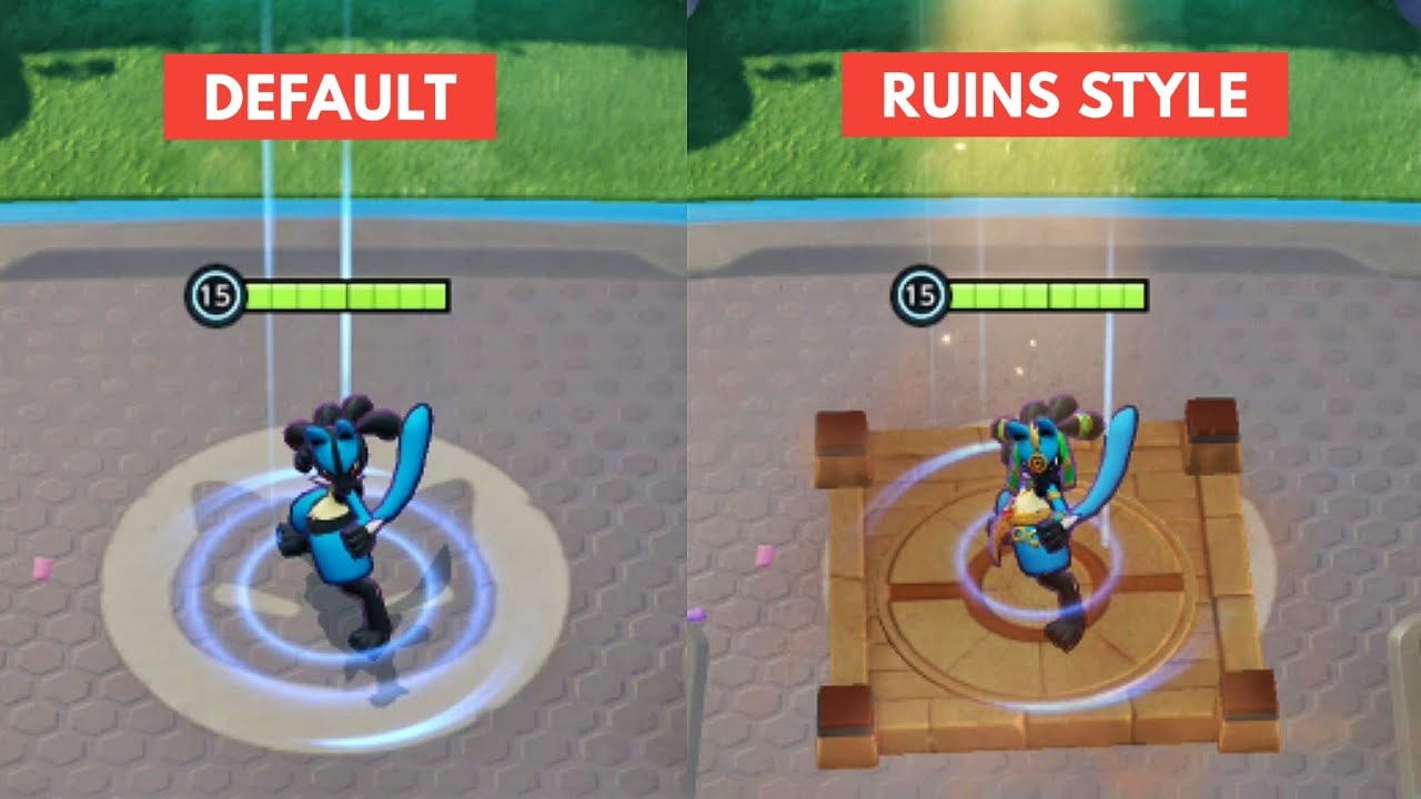 Lucario Default VS Ruins Style Holowear comparison - Pok&eacute;mon Unite