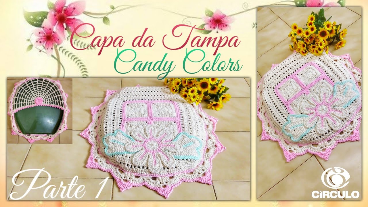 🌼 Jogo de banheiro Margarida Candy Colors. Capa da Tampa 1/2. 🧶 Por Vanessa Marcondes.