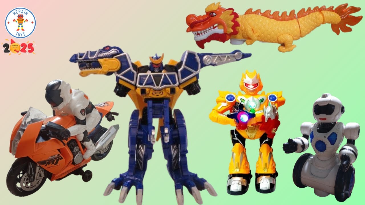 Repair five toys: Dragon, Power Rangers Dino Charge, fighting robots, motorcycle controls, robots