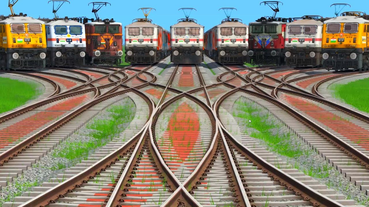 ALL REALISTIC TRAINS CROSSING CAREFULLY BY BUMPY BRANCHED RAILROAD TRACKS || train game videos 