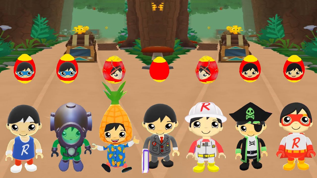 TAG WITH RYAN PIRATE VS PINEAPPLE VS UFO VS ACADEMY VS TRACK STAR VS COSMO VS BUILDER RYAN EGG