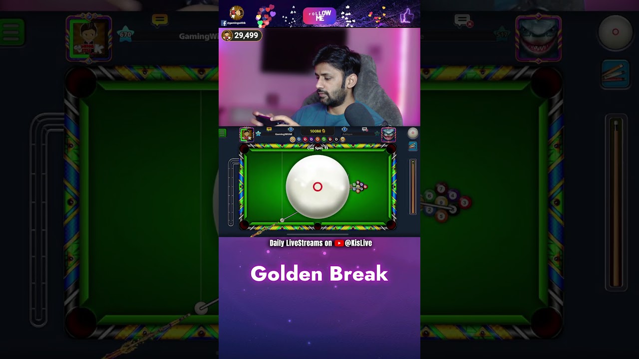 🔥 Golden Break 9 ball 100M 🔥 8 ball pool trickshot GamingWithK #8ballpool #gamingwithk #trickshots
