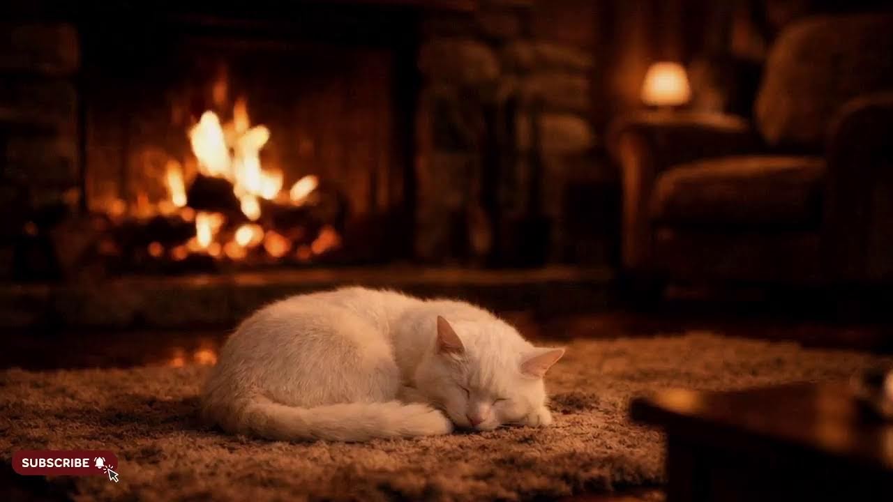 White Cat Sleeping by the Fireplace 🔥 Cozy Night Ambience for Deep Sleep & Relaxation