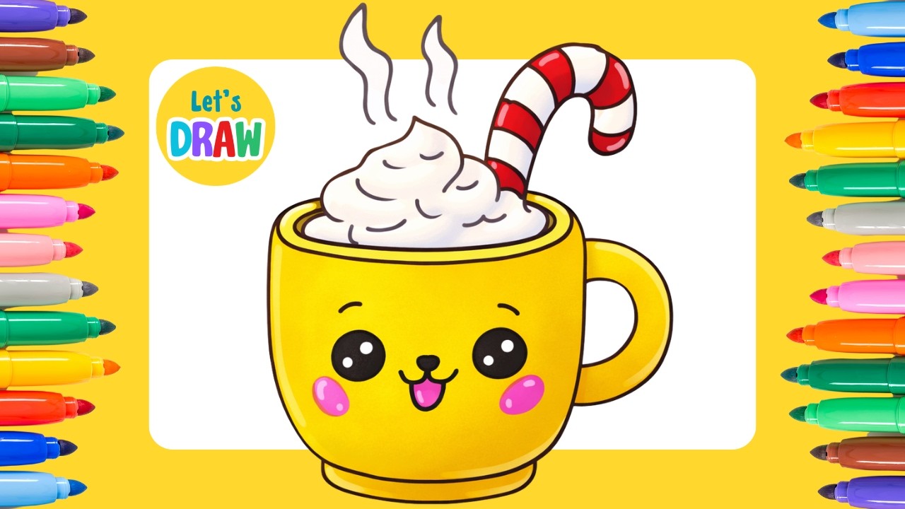 How to Draw a Cute Hot Chocolate with Marshmallows and a Candy Cane | Easy Drawing Tutorial ✏️🎨