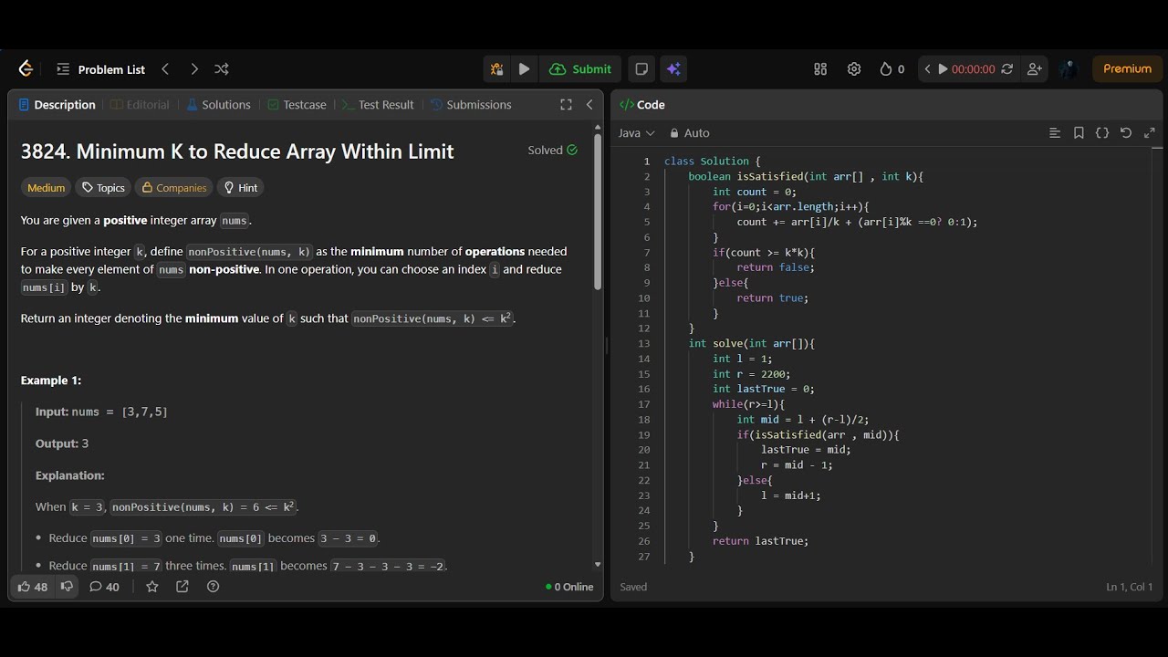 3824. Minimum K to Reduce Array Within Limit