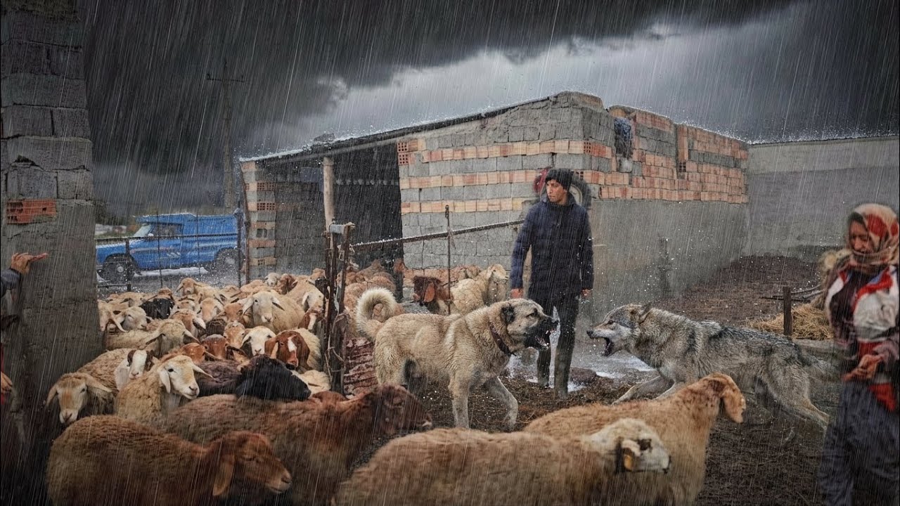 Nomadic life: the nomadic boy and the stormy weather and the threat of the wolf challenge for survi