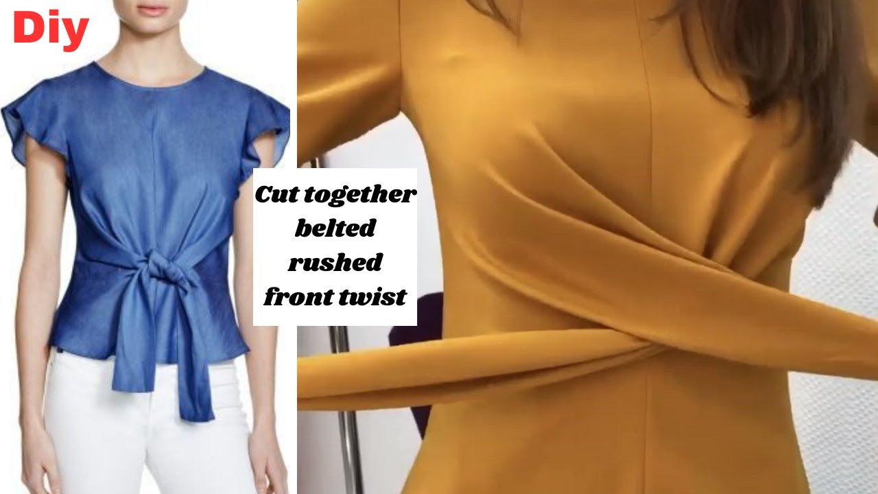 How to cut and sew cut together belted rushed front twist top/gown using slash and spread method