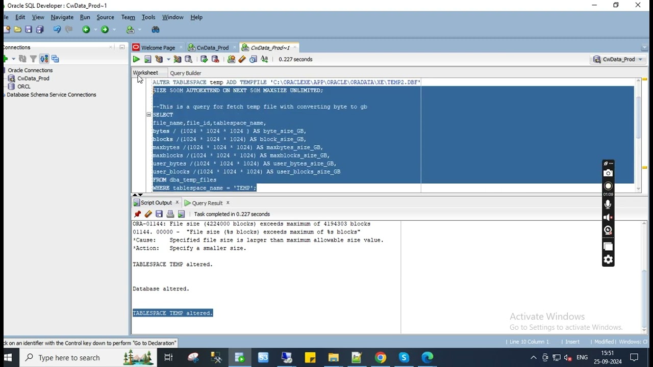 How to Increase Temp table space in Oracle