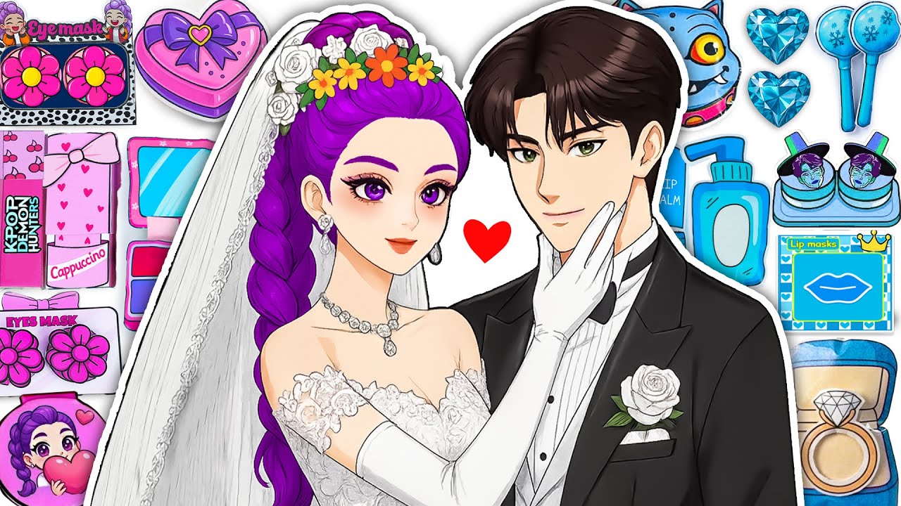🎀Paper DIY🎀 KPOP DEMON HUNTERS Rumi & Jinu Couple Pt.2 💜👰🏻‍♀️ Skincare + Makeup 💄 ASMR | Hana Paper