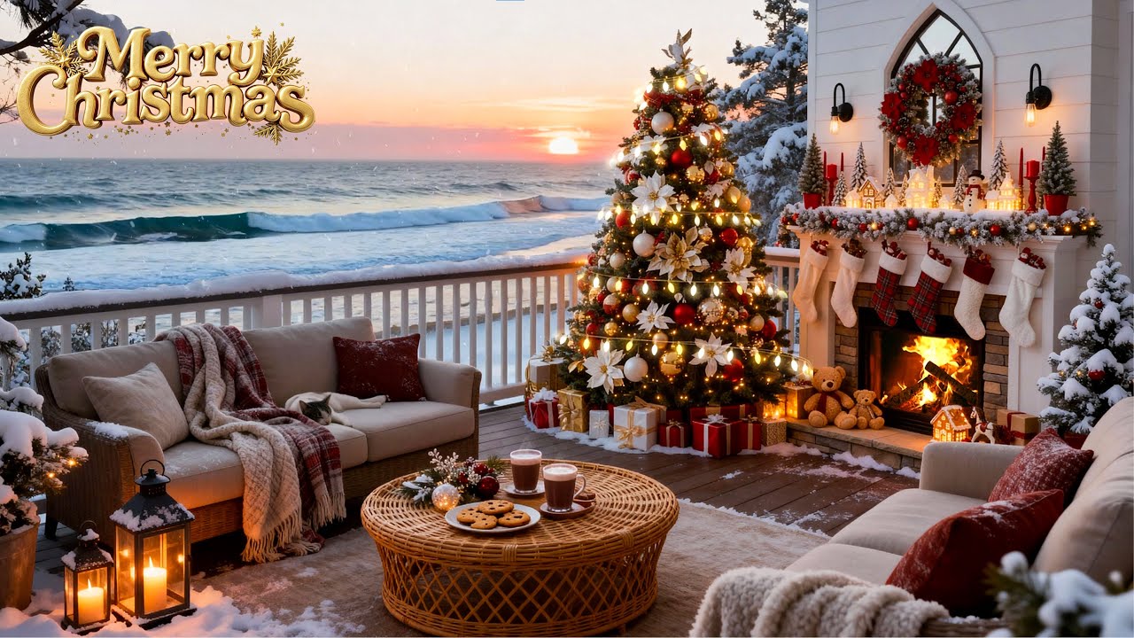 Winter Christmas by the Ocean 🎁 Christmas Music with Cozy Fireplace & Ocean Sounds for Relax, Focus