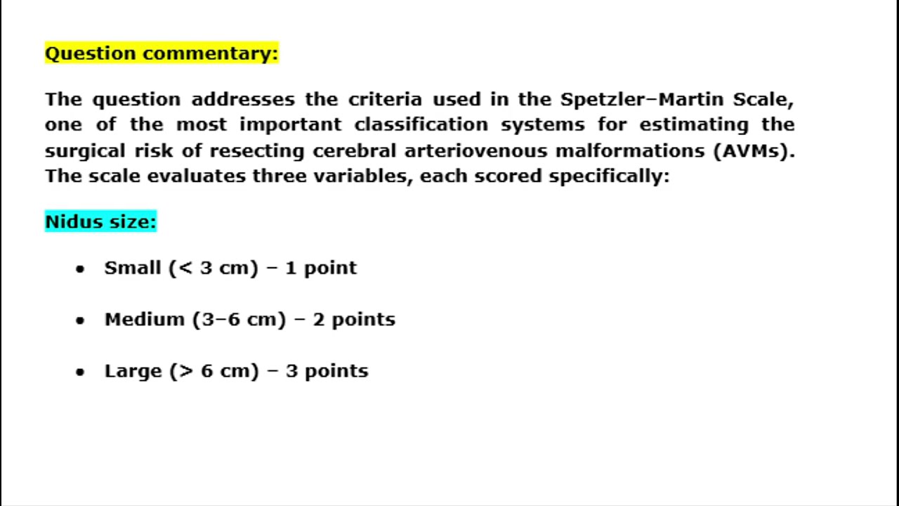 Question 1. Variables of the Spetzler&ndash;Martin grading scale for cerebral arteriovenous malformations