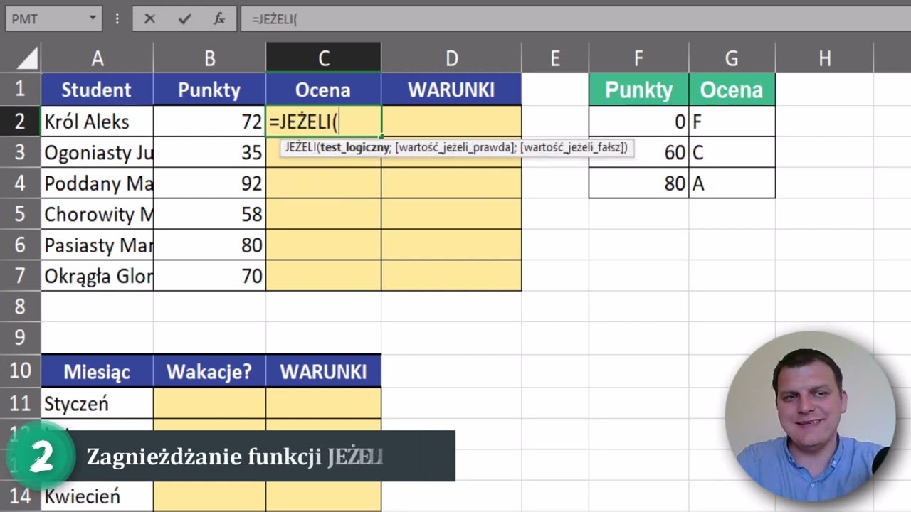 Excel - Jak zagnieżdżać funkcji JEŻELI - oceny z egzaminu | Kurs Excel SuperHero odcinek 4.5