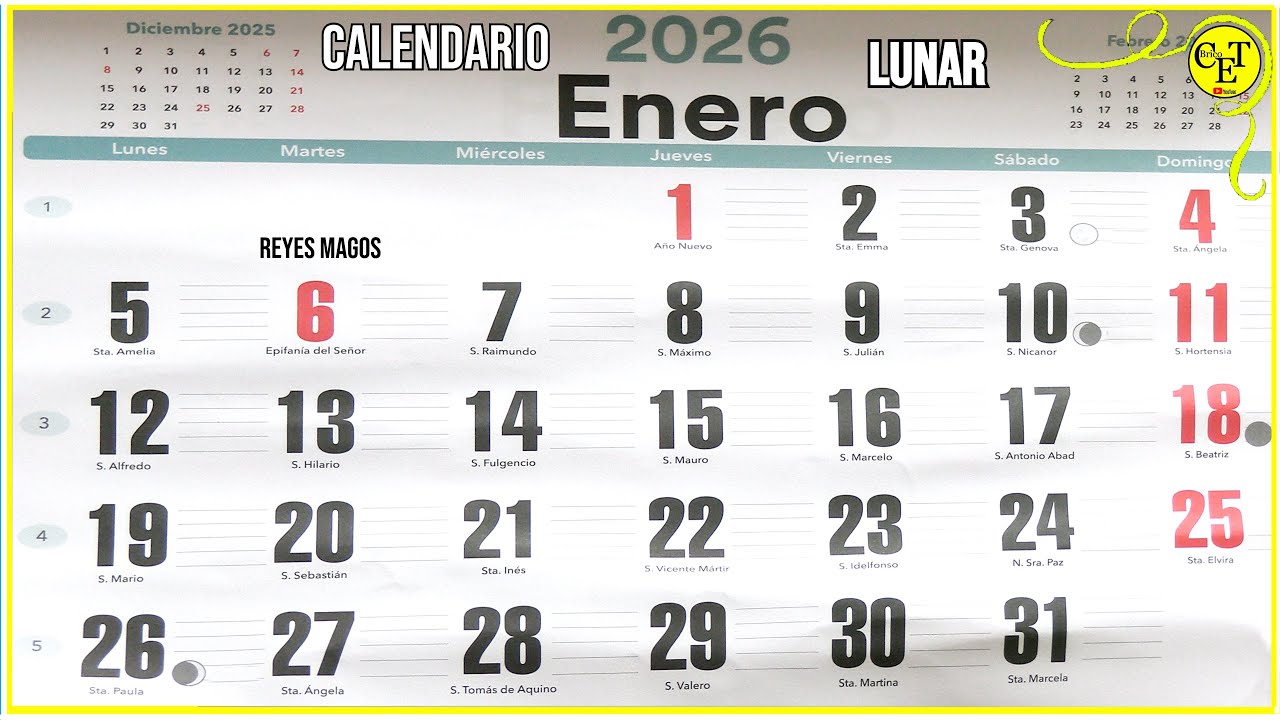 CALENDARIO ALMANAQUE LUNAR ENERO 2026